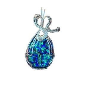 Blue and green multi-color pendant with silver wire heart setting